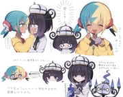 2girls anger_vein black_hair blonde_hair blue_hair blue_nails blunt_bangs bob_cut canari_(pokemon) chandelure coat commentary_request covering_another's_mouth crying dark-skinned_female dark_skin flying_sweatdrops gradient_hair gwynn_(pokemon) hand_over_another's_mouth hat heart highres jacket looking_at_another mask mega_stone mouth_mask multicolored_hair multiple_girls multiple_views pokemon pokemon_(creature) pokemon_legends:_z-a purple_eyes purple_hair rotom rotom_phone shijimii_love short_hair split-color_hair streaming_tears tears translation_request twintails white_coat yellow_jacket yellow_nails yuri rating:g score:2 post #10175352