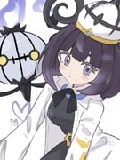 1girl black_dress bob_cut chandelure closed_mouth coat dress eyelashes grid_background gwynn_(pokemon) hat heart highres long_sleeves looking_at_viewer open_clothes open_coat pokemon pokemon_(creature) pokemon_legends:_z-a purple_eyes purple_hair short_hair sinya_5zi twitter_username white_coat white_hat rating:g score:3 post #10175612