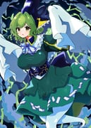 1girl absurdres blue_hat breasts ghost_tail green_eyes green_hair gurajio hat highres japanese_clothes lightning long_sleeves looking_at_viewer sleeves_past_fingers sleeves_past_wrists soga_no_tojiko solo touhou rating:g score:6 post #10172512