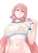 1girl akashi_(kancolle) bikini bikini_under_clothes blush breasts commentary_request crop_top gold_bikini green_eyes hair_ribbon highres impossible_clothes impossible_shirt kantai_collection long_hair looking_at_viewer pink_hair ribbon see-through_clothes shirt skin_tight smile solo swimsuit tress_ribbon yuuji_(and) rating:s score:16 post #10163732