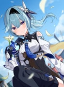 1girl absurdres black_boots black_gloves black_hairband blue_hair blue_necktie blue_sky blush boots breasts cape chest_harness clothing_cutout eula_(genshin_impact) flower genshin_impact gloves hairband harness high-waist_shorts highres holding holding_flower medium_breasts medium_hair necktie outdoors purple_eyes shorts shoulder_cutout side_cape siina_0320 sky smile solo thigh_boots vision_(genshin_impact) rating:g score:4 post #10176992