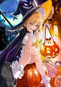 1girl black_cape black_shoes blonde_hair bow braid building cape commentary_request crescent_moon crossed_legs dress green_bow grin hair_between_eyes hair_bow halloween hat highres holding jack-o'-lantern kirisame_marisa l.f. long_hair looking_at_viewer moon night pumpkin shoes shorts sidelocks sitting smile solo touhou very_long_hair white_dress white_shorts witch_hat wrist_cuffs yellow_eyes rating:s score:8 post #10174745