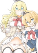 2girls akara_kai black_hairband blonde_hair blue_eyes bow bow_panties braid breasts capelet clothes_lift crotch_seam crown dress dress_lift earrings embarrassed flower hair_between_eyes hairband half_up_braid highres jewelry kantai_collection large_breasts long_hair long_sleeves low-tied_long_hair mini_crown multiple_girls necklace off-shoulder_dress off_shoulder open_mouth panties red_flower ribbon sitting thighhighs underwear valiant_(kancolle) warspite_(kancolle) white_dress rating:s score:12 post #10151806
