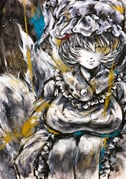 1girl black_background black_outline hat highres ikeda_ruriko looking_at_viewer medium_hair mob_cap outline solo straight-on touhou traditional_media wide_sleeves yakumo_ran rating:g score:7 post #10170312