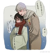 1koma 2boys axis_powers_hetalia black_eyes black_hair blue_background blue_ribbon blush border brown_coat chinese_text closed_eyes coat comic covered_mouth gloves gradient_background grey_gloves grey_hair hands_in_opposite_sleeves hands_on_another's_shoulders hands_up height_difference highres japan_(hetalia) japanese_clothes kimono long_sleeves male_focus medal multiple_boys open_mouth pinkforest9 red_scarf ribbon ribbon_trim russia_(hetalia) scarf short_hair smile snowing speech_bubble standing star_ornament sweatdrop translation_request two-tone_background white_background white_border white_kimono white_scarf wide_sleeves rating:g score:0 post #10158153