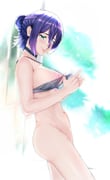1girl absurdres bottomless bra bra_pull breasts chainsaw_man closed_mouth clothes_pull cyansan green_eyes grey_bra hair_between_eyes hair_bun highres medium_breasts navel nipples pulling_own_clothes purple_hair reze_(chainsaw_man) smile solo underwear rating:q score:3 post #10175675
