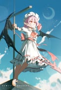 1girl absurdres ascot back_bow barefoot bat_wings black_wings blonde_hair blue_sky blush bow brooch cloud cloudy_sky crescent_moon cross dress flan_5oo hat hat_ribbon highres holding holding_polearm holding_weapon jewelry large_bow mob_cap moon parted_lips pink_hat polearm puffy_short_sleeves puffy_sleeves purple_hair red_ascot red_bow red_eyes remilia_scarlet ribbon rooftop short_hair short_sleeves siblings sisters sky smile solo spear spear_the_gungnir standing torn_wings touhou weapon wings wrist_cuffs rating:g score:0 post #10175049