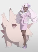 1girl ^_^ ascot clefairy closed_eyes dark-skinned_female dark_skin dress fascinator fishnet_pantyhose fishnets frilled_ascot frills full_body gloves gradient_background grey_eyes hair_ornament highres holding holding_poke_ball jacinthe_(pokemon) jewelry juliet_sleeves kmconceptart long_hair long_sleeves looking_at_viewer low_drills luxury_ball mega_stone open_mouth pantyhose pink_hair poke_ball pokemon pokemon_(creature) pokemon_legends:_z-a puffy_sleeves purple_dress purple_eyes simple_background skirt strapless strapless_dress teeth tube_dress upper_teeth_only very_dark_skin white_gloves rating:g score:8 post #10167868