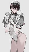1boy absurdres apron black_hair bulge chainsaw_man crossdressing crossdressing_(mtf) embarrassed flying_sweatdrops gloves higashiyama_nobana highres imamiya_pinoko maid maid_apron maid_headdress male_focus male_maid no_pants short_hair simple_background solo tears trap white_gloves rating:s score:11 post #9906161