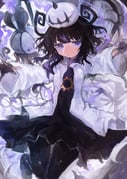 1girl absurdres black_dress black_hair black_pantyhose blunt_bangs bob_cut chandelure closed_mouth coat dress gloves gradient_hair gwynn_(pokemon) hat highres kaamin_(mariarose753) long_sleeves looking_at_viewer mega_chandelure mega_pokemon multicolored_hair open_clothes pantyhose partially_fingerless_gloves pokemon pokemon_(creature) pokemon_legends:_z-a purple_eyes purple_hair short_hair white_coat wide_sleeves rating:g score:9 post #10172192