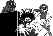 1boy 1girl bare_arms breasts cait_sith_(final_fantasy) cape cat cat-shaped_eyewear cloak covered_mouth crop_top crown dj fangs final_fantasy final_fantasy_vii gloves greyscale headphones heart heart-shaped_eyewear holding holding_headphones holding_microphone long_hair microphone midriff mini_crown monochrome navel on_one_knee open_mouth s_m_man short_hair short_shorts shorts sleeveless sleeveless_turtleneck small_breasts sunglasses turtleneck tuxedo_cat vincent_valentine white_background white_gloves yuffie_kisaragi rating:g score:0 post #10177023