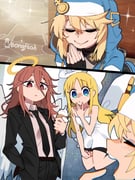 1other 2boys absurdres androgyne_symbol angel angel_devil_(chainsaw_man) angel_wings artist_name black_gloves black_necktie blonde_hair blue_eyes bongftah bridget_(guilty_gear) chainsaw_man commentary crimvael crossover dress fingerless_gloves flying food gloves guilty_gear guilty_gear_strive hair_between_eyes halo hand_in_pocket highres holding holding_food holding_ice_cream hood hood_up ice_cream ice_cream_cone ishuzoku_reviewers long_hair long_sleeves mole mole_under_eye multiple_boys multiple_crossover necktie open_mouth own_hands_together praying red_eyes red_hair smile sparkle suit symbol-only_commentary traditional_halo trait_connection trap white_dress white_halo white_wings wings yellow_halo rating:g score:41 post #10037779