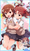 2girls blue_skirt blush breasts brown_eyes brown_hair brown_shoes brown_sweater_vest chibi chibi_inset closed_mouth commentary_request grabbing_another's_breast groping hair_ribbon highres hug hug_from_behind loafers looking_at_viewer miniskirt misaka_mikoto multiple_girls open_mouth red_hair red_ribbon ribbon school_uniform shirai_kuroko shirt shoes shorts shorts_under_skirt skirt small_breasts smile socks soutou summer_uniform sweater_vest toaru_kagaku_no_railgun toaru_majutsu_no_index tokiwadai_school_uniform twintails v-neck white_shirt white_socks rating:s score:2 post #10176568