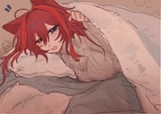 1girl :d ???_(assault_lily) ahoge animal_ears assault_lily bed bed_invitation blue_eyes blush breasts brown_background cat_ears chinese_commentary commentary_request gatti_love grey_sweater half-closed_eyes hand_up heterochromia highres kemonomimi_mode lifting_covers long_hair long_sleeves looking_at_viewer lying medium_breasts notice_lines on_bed on_side open_mouth red_eyes red_hair ribbed_sweater smile solo sweater under_covers upper_body rating:g score:3 post #10168319