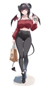 1girl absurdres alternate_species arm_tattoo bag bare_shoulders bat_wings black_hair black_horns black_nails black_pants breasts butterfly_tattoo closed_mouth commentary_request crop_top cropped_sweater cup d_(nikke) demon_tail disposable_coffee_cup disposable_cup fingernails full_body goddess_of_victory:_nikke highres holding holding_bag holding_cup horns large_breasts looking_at_viewer masaki_nanaya midriff nail_polish navel off-shoulder_sweater off_shoulder pants paper_bag pink_eyes red_sweater ribbed_sweater shopping_bag simple_background solo standing sweater tail tattoo white_background wings rating:s score:15 post #10173859