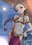 1girl armlet bare_arms bare_shoulders blush braid braided_ponytail breasts breasts_apart brown_hair commentary_request contrapposto cowboy_shot dancer expressionless forehead gold_armlet gold_bra hair_pulled_back hair_tubes head_tilt highres huttslayer_leia indoors jabba_the_hutt jewelry kanakana leaning_on_object leaning_to_the_side long_hair looking_at_viewer metal_bra monster navel no_panties non-humanoid_robot open_mouth partial_commentary pelvic_curtain princess_leia r2-d2 red_eyes robot single_hair_tube small_breasts sound_effects standing star_wars star_wars:_return_of_the_jedi stomach translation_request very_long_hair rating:q score:4 post #10173170