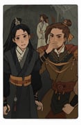 3boys armor black_eyes black_hair black_hanfu border bracer brown_eyes brown_hair brown_hanfu cape chinese_clothes chinese_hairpin clenched_hand covering_own_mouth feng_xin grimace hair_bun hair_ribbon hand_over_own_mouth hanfu hat hat_on_back high_collar high_ponytail highres layered_clothes long_hair long_sleeves male_focus mu_qing_(tianguan_cifu) multiple_boys mural official_art orange_cape ponytail ribbon rice_hat rounded_corners sash shoulder_armor sidelocks silk single_hair_bun spider_web tassel tianguan_cifu topknot white_border white_hanfu wide_sleeves xiao_guan_(headdress) xie_lian yaroslava_murashko yellow_ribbon rating:g score:0 post #10128429
