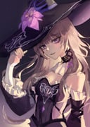 1girl absurdres ascot black_choker black_hat breasts choker cleavage commentary detached_sleeves dress flower grey_hair grin hand_up hat hat_flower herta_(honkai:_star_rail) highres honkai:_star_rail honkai_(series) long_hair long_sleeves looking_at_viewer parted_lips purple_eyes purple_flower rangmal smile solo strapless strapless_dress the_herta_(honkai:_star_rail) upper_body very_long_hair white_ascot witch_hat rating:s score:8 post #10172356