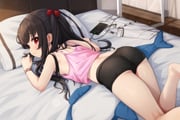 1girl absurdres ass black_hair black_shorts cellphone commentary comodox english_commentary hair_bobbles hair_ornament highres long_hair looking_at_viewer lulla_(comodox) lying on_stomach original paid_reward_available phone pillow red_eyes shorts solo rating:s score:2 post #10175936