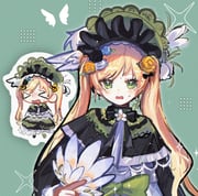1girl >_< blonde_hair bonnet capelet chibi closed_eyes flower green_background green_capelet green_eyes hand_fan hao_yinxiang highres holding holding_fan lolita_fashion long_hair long_sleeves looking_at_viewer mahou_shoujo_no_majo_saiban open_mouth outline rose sparkle tono_hanna twintails white_outline yellow_flower yellow_rose rating:g score:0 post #10174670