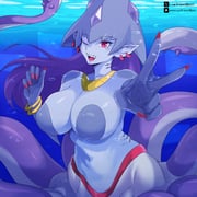 1girl air_bubble blue_skin breasts bubble calamaramon colored_skin cowboy_shot dclaret digimon digimon_(creature) fingernails highres holographic_interface large_breasts long_fingernails one_eye_closed pointy_ears purple_eyes red_nails solo squid_girl underwater v rating:s score:0 post #10174431