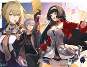 1boy 2girls astra_yao black_hair black_jacket black_pants black_shirt blonde_hair breasts brown_necktie dress eous_(zenless_zone_zero) evelyn_chevalier grey_hair hairband holding holding_removed_eyewear jacket long_hair medium_breasts mouth_hold multiple_girls necktie open_mouth pants purple_eyes red_eyes red_jacket shirt suitchi_(gn4othi61) unworn_eyewear whistle white_dress white_hairband wise_(zenless_zone_zero) zenless_zone_zero rating:g score:13 post #10162802