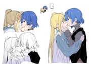 2girls absurdres ahoge black_vest blonde_hair blue_hair blue_shirt blush bocchi_the_rock! commentary_request earrings eye_contact grey_shirt hand_on_another's_face highres ijichi_nijika imminent_kiss jewelry kiss looking_at_another mole mole_under_eye multiple_girls red_eyes shirt short_hair side_ponytail simple_background smile stud_earrings sweater_vest tamuhei_(6nasiki) vest white_background white_sweater_vest yamada_ryo yellow_eyes yuri rating:s score:5 post #10175969