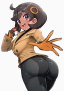 1girl :d absurdres ass black_bodysuit black_hair bodysuit breasts brown_jacket emma_(pokemon) from_behind gonzarez hand_up highres holding holding_poke_ball jacket looking_at_viewer looking_back medium_breasts open_hand outstretched_arm poke_ball poke_ball_(basic) pokemon pokemon_legends:_z-a purple_eyes short_hair side_ahoge simple_background smile solo twisted_torso white_background rating:s score:4 post #10175910