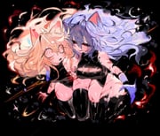 2girls black_background black_sclera black_shirt black_thighhighs blonde_hair blue_hair blue_hands breasts cleavage_cutout clothing_cutout colored_sclera commentary cropped_legs fleetway_super_sonic floating_hair genderswap genderswap_(mtf) halter_shirt halterneck highres humanization large_breasts long_hair looking_at_another multiple_girls open_mouth red_eyes ringed_eyes scar scar_on_leg shirt smile sonic.exe sonic.exe_(character) sonic_(series) sonic_the_comic sonic_the_hedgehog super_sonic thighhighs usa37107692 rating:s score:59 post #8412355