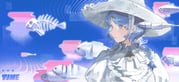 1girl absurdres ascot blue_background blue_eyes blue_hair blush braid braided_ponytail commentary english_commentary fish fish_skeleton flower flower_hairpin hair_ornament hairpin hat hat_flower highres large_hat looking_to_the_side nu_liang_016 picture_hat ponytail puffy_sleeves seed_(zenless_zone_zero) shirt smile solo teeth white_ascot white_flower white_hat white_shirt zenless_zone_zero rating:g score:8 post #10141054