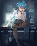 1girl absurdres aged_up ashtray backlighting black_panties black_shoes black_skirt black_straps blue_hair breasts breasts_apart brown_pantyhose cigarette commentary computer computer_keyboard computer_mouse dangling desk english_commentary green_eyes hair_between_eyes hand_on_own_cheek hand_on_own_face hand_on_table hand_up high_ponytail highres holding holding_cigarette indoors izumi_konata jewelry konaloid leg_up long_hair long_sleeves looking_at_viewer lucky_star medium_breasts mole mole_under_eye monitor necklace no_smoking office_lady on_desk panties panties_under_pantyhose pantyhose papers partially_unbuttoned pencil_skirt ponytail shirt shoes sitting skirt sleeves_rolled_up smoke smoke_trail smoking solo thigh_strap underwear very_long_hair white_shirt rating:s score:15 post #10166101