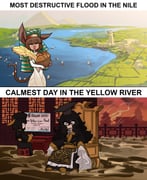 2koma 3girls :3 :d ^_^ absurdres anachronism ancient_egyptian animal_ears aqua_headdress architecture basket bastet_(centurii-chan) black_hair black_hat blank_stare blunt_bangs blunt_ends boat bob_cut bread bridal_gauntlets brown_hair centurii-chan chair china chinese_clothes chinese_empire closed_eyes closed_mouth clothing_request comic commentary dress east_asian_architecture egypt elbow_gloves english_commentary english_text food frown gloves guan_hat hair_between_eyes hanfu hat highres holding holding_basket jackal_ears jackal_girl jackal_tail landscape lightning long_hair long_sleeves looking_at_another mian_guan multiple_girls navel nemes on_chair open_mouth original pyramid_(structure) qingdai_guanmao railing rain river short_hair single_ear_down sitting sleeves_past_fingers sleeves_past_wrists smile very_long_hair watercraft wheat wheat_bundle wheat_field white_dress white_gloves wide_sleeves rating:s score:98 post #9124314