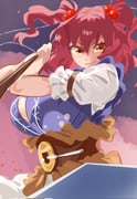 1girl breasts brown_sash coin coin_on_string dress hair_bobbles hair_ornament hat highres holding holding_scythe jusnjuans large_breasts looking_at_viewer obidome onozuka_komachi red_eyes red_hair rod_of_remorse scythe short_hair short_sleeves skirt smile solo touhou two_side_up rating:s score:6 post #10171493