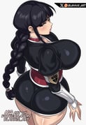 1girl absurdres ass blannis bleach breasts from_behind highres kurotsuchi_nemu large_breasts lips long_hair looking_at_viewer sideways_glance simple_background solo standing underbutt rating:s score:20 post #10165165