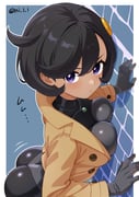 1girl ass black_bodysuit black_hair bodysuit bodysuit_under_clothes breast_press breasts brown_jacket dark-skinned_female dark_skin emma_(pokemon) frown gloves highres jacket looking_at_viewer medium_breasts ni_l_l pokemon pokemon_legends:_z-a purple_eyes short_hair solo rating:s score:8 post #10176681