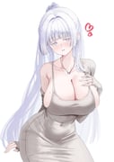 1girl absurdres black_gloves blue_eyes blush breasts commentary dongtan_dress dress fingerless_gloves gloves goddess_of_victory:_nikke grey_dress highres huge_breasts jewelry large_breasts long_hair looking_at_viewer nayuta_(nikke) necklace parted_lips ponytail simple_background solo sxrxri_a very_long_hair white_background white_hair rating:s score:30 post #10158413