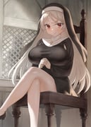 1girl armpit_cutout black_dress blush breasts church clothing_cutout commentary_request confessional confessional_interior conte_di_cavour_(halloween)_(kancolle) conte_di_cavour_(kancolle) cross cross_necklace crossed_legs dress european_architecture food grey_hair indoors jewelry kantai_collection large_breasts latin_cross long_hair long_sleeves looking_at_viewer necklace nun purple_eyes sitting smile solo toka_(marchlizard) very_long_hair rating:s score:16 post #10064994