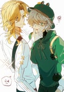 2boys absurdres backpack bag bandage_over_one_eye bandages bandages_over_eyes blonde_hair blush bucket_hat cheek_squash chullo closed_mouth eyelashes face_hold fang florian_brand florian_brand_(leonard) frog_charm frog_hat genshinimpactgaoshou gloves green_eyes green_hoodie hat highres hood hoodie identity_v layered_sleeves long_hair long_sleeves looking_at_another looking_at_viewer male_focus mole mole_under_mouth multiple_boys open_mouth pants richard_sterling shirt short_hair short_over_long_sleeves short_sleeves simple_background smile sparkle sweater tied_hoodie_strings wavy_hair white_background white_shirt yaoi yellow_eyes rating:g score:1 post #10166034