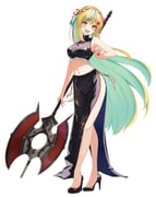1girl :d aqua_hair arm_up armpits axe bare_shoulders battle_axe black_dress black_shoes blonde_hair blush breasts china_dress chinese_clothes crop_top cropped_shirt double-sided_axe dress green_eyes hair_ribbon high_heels highres holding holding_axe indoors large_breasts long_hair long_skirt looking_at_viewer multicolored_hair navel nijisanji open_mouth print_dress red_nails ribbon shanghai_neckline shoes side_slit simple_background skirt sleeveless sleeveless_dress smile solo stomach streaked_hair tachitsute_toto takechi49 teeth upper_teeth_only virtual_youtuber weapon white_background rating:s score:2 post #10175407