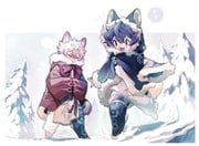 2boys animal_feet blonde_hair blue_coat blue_hair body_fur breath brown_fur cat_boy claws coat commentary digitigrade dog_boy ears_through_hood fuji_166 full_body fur-trimmed_coat fur_trim furry furry_male hood hood_up male_focus multiple_boys musical_note original outdoors red_coat running short_hair snow snowing spoken_musical_note symbol-only_commentary tail yellow_fur rating:g score:0 post #10171796