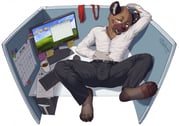 1boy aggressive_retsuko artist_name black_pants black_socks bliss_(image) blush bulge calendar_(object) claws computer_keyboard computer_mouse cpu cubicle english_commentary fangs furry furry_male green_eyes haida_(aggretsuko) husdingo hyena_boy hyena_ears looking_at_viewer magnet male_focus microsoft_windows monitor necktie open_mouth pants pawpads pectorals red_necktie shirt socks toned toned_male unworn_necktie white_background white_shirt windows_11 windows_xp rating:q score:2 post #9749041