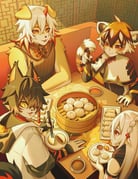 2boys 2girls aak_(arknights) ahoge arknights black_hair chopsticks commentary dumpling eating english_commentary ev-oo fang food hung_(arknights) jacket looking_at_another multiple_boys multiple_girls one_eye_covered open_mouth orange_eyes orange_hair smile table tail waai_fu_(arknights) warfarin_(arknights) white_hair yellow_eyes rating:g score:0 post #10162124