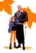 1boy 1girl antenna_hair arm_at_side autumn_leaves belt black_boots black_jacket black_pants black_shirt black_shoes black_shorts blue_jacket blue_shirt blush boots brown_socks cigar closed_mouth collared_shirt facial_hair full_body fur-trimmed_jacket fur_trim goatee_stubble goggles goggles_around_neck grey_belt grey_eyes hand_in_pocket hand_on_another's_shoulder highres holding holding_leaf jacket jitome kabane_(rjev8385) leaf leaf_background long_sleeves loose_socks maple_leaf mouth_hold multiple_belts no_smoking oc_x_canon one_piece open_clothes open_jacket original pants pantyhose scarf shirt shoes short_hair shorts sleeves_past_wrists smile smoker_(one_piece) smoking socks standing stubble swept_bangs white_background white_hair white_scarf yellow_pantyhose rating:g score:0 post #10176702