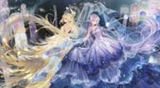 2girls absurdly_long_hair back-to-back bare_shoulders black_gloves blonde_hair blue_veil blunt_bangs by_stars_be_sworn_(shining_nikki) chinese_commentary circlet closed_mouth commentary_request dress eclipse_of_eternal_day_(shining_nikki) expressionless eyelashes eyeshadow feather-trimmed_dress feather_hair_ornament feathers floating floating_hair full-length_mirror full_body gloves gown grey_eyes hair_ornament halo halo_behind_head highres infinity_symbol jewelry light_particles lipstick long_dress long_hair looking_ahead makeup mirror multiple_girls necklace nikki_(series) peacock_feathers purple_dress purple_hair red_lips sasora see-through_clothes see-through_veil shining_nikki shoulder_pads skirt_hold space_print starry_sky_print strapless strapless_dress veil very_long_hair watermark yellow_dress yellow_eyes yellow_eyeshadow rating:g score:1 post #10175064
