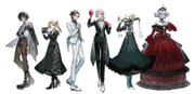 3boys 3girls absurdres alice_deross alternate_costume aqua_pantyhose aqua_socks arm_behind_back ascot back_bow belt belt_boots belt_pouch bird_mask black_choker black_coat black_gloves black_hair black_jacket black_nails black_pants black_shirt black_shoes black_skirt black_sleeves black_veil blonde_hair blue_eyes blue_necktie blue_ribbon boots bow bowtie brooch brown_belt brown_eyes brown_hair brown_pants brown_vest camera center_frills choker cleavage_cutout closed_mouth clothing_cutout coat collared_shirt colored_skin cross-laced_shoes crossed_arms crown cup curly_hair curtained_hair dress dress_shirt dress_shoes drinking_glass earrings expressionless fishnet_gloves fishnets floating_earrings flower formal_clothes frederick_kreiburg frilled_skirt frilled_sleeves frills full_body gloves gown green_ascot green_skirt grey_bow grey_bowtie grey_eyes grey_skin grey_vest hair_between_eyes hair_ribbon hair_rings hair_slicked_back hand_on_headwear hand_on_own_chest hat hat_flower hat_tassel high-waist_skirt high_heel_boots high_heels highres holding holding_camera holding_cup holding_mask identity_v jacket jacket_on_shoulders jewelry juliet_sleeves lace lace_sleeves lapel_pin lapels lineup long_hair long_skirt long_sleeves looking_at_viewer low_ponytail mary_(identity_v) mask medium_hair melly_plinius monocle multicolored_skin multiple_boys multiple_girls mura_karuki nail_polish necklace necktie newsboy_cap norton_campbell notched_lapels off-shoulder_dress off_shoulder official_art open_clothes open_collar open_jacket orange_eyes orpheus_(identity_v) oxfords pale_skin pants pantyhose parted_bangs pendant_choker picture_hat plaid_clothes plaid_skirt pointed_crown ponytail pouch puffy_sleeves red_dress red_gloves red_socks ribbon scar scar_on_face shirt shoes short_hair simple_background skirt sleeve_cuffs smile socks standing stitched_arm stitched_face stitches suspenders swept_bangs tailcoat tassel thigh_pouch three-quarter_sleeves undershirt veil veil_over_eyes vest wallet_chain white_ascot white_background white_hair white_jacket white_pants white_shirt white_shoes wine_glass yellow_flower rating:g score:0 post #10140266