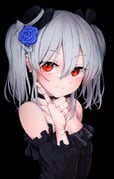 black_background black_choker black_hat blue_flower blue_rose bowler_hat choker closed_mouth commentary_request doll_joints double-parted_bangs expressionless flower frills hair_between_eyes hand_up hat hat_flower highres index_finger_raised joints light_blush long_sleeves looking_at_viewer medium_hair mini_hat off_shoulder orchis puffy_long_sleeves puffy_sleeves red_eyes rose shadowverse shadowverse:_worlds_beyond short_twintails simple_background spicespice06 twintails upper_body white_hair rating:g score:2 post #10173689