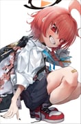 1girl absurdres ahoge bandaid bandaid_on_knee bandaid_on_leg beriko_(dotera_house) blue_archive blush braid commentary grin hair_between_eyes halo highres huge_ahoge jacket looking_at_viewer mole mole_under_each_eye mole_under_eye multiple_moles neru_(blue_archive) neru_(school_uniform)_(blue_archive) official_alternate_costume open_clothes open_jacket red_eyes red_hair short_hair side_braid simple_background single_braid smile solo sukajan untied_shoelaces v-shaped_eyebrows white_background rating:g score:15 post #10131410