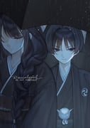 1boy 1girl black_eyes black_hair black_haori black_kimono black_sleeves black_umbrella blunt_bangs blunt_ends braid choppy_bangs closed_eyes closed_mouth dress electro_symbol_(genshin_impact) eucalypink expressionless eyelashes eyeliner eyeshadow facing_viewer funeral_dress funeral_kimono genshin_impact hair_intakes hair_over_shoulder hair_tie haori haori_himo highres japanese_clothes kimono layered_kimono long_hair long_sleeves looking_to_the_side low-braided_long_hair low-tied_long_hair makeup mitsudomoe_(shape) mother_and_son obi obiage obijime pale_skin raiden_shogun rain red_eyeliner red_eyeshadow sash scaramouche_(genshin_impact) tomoe_(symbol) tsurime umbrella white_kimono rating:g score:4 post #9698657