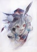 1girl black_hair commentary_request hat ikeda_ruriko looking_at_viewer medium_hair messy_hair pom_pom_(clothes) red_eyes red_hat shameimaru_aya solo tokin_hat touhou white_background rating:g score:4 post #10170372