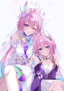 2girls absurdres aqua_hair bare_shoulders blue_eyes breasts cleavage coat commentary cyrene_(aedes_elysiae)_(honkai:_star_rail) cyrene_(honkai:_star_rail) cyrene_(ripples_of_past_reverie)_(honkai:_star_rail) diamond-shaped_pupils diamond_(shape) dress dual_persona hair_flaps halo highres honkai:_star_rail honkai_(series) jewelry large_breasts long_hair miya-chan_(lightning0730) multicolored_hair multiple_girls necklace pink_hair purple_coat purple_eyes simple_background small_breasts symbol-shaped_pupils two-tone_hair very_long_hair white_background white_dress white_hair rating:s score:1 post #10176363